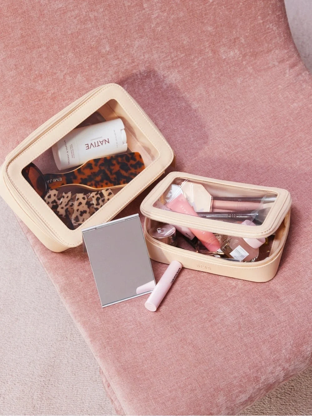 BEIS Clear Cosmetic Pouch Set in Beige